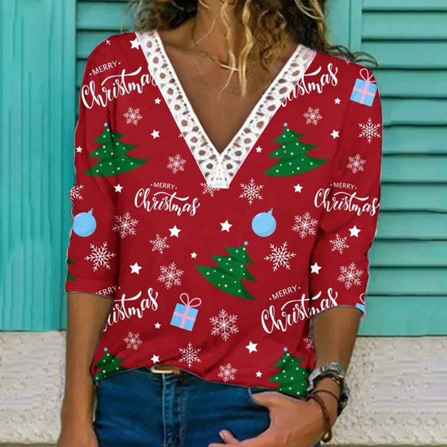 Qertyioot Chandail en Molleton de Noël pour Femmes Mode Décontractée Manches Longues Col en V Chandail