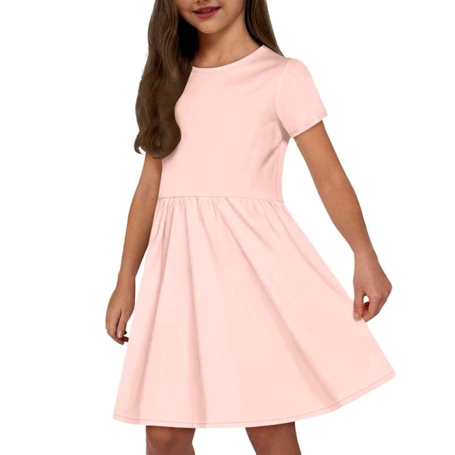 Robes pour Filles Mode Enfants Uni Col Rond Manches Courtes Décontracté Confortable Robe avec Poches Robes pour Tout-Petits Rose 7 Ans-8 Ans