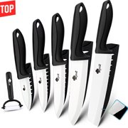 Myvit Ceramic Knives Set for Kitchen,5Pcs Paring Knifes with Cover, 6" Serrated,6",5",4",3" in Black,a Peeler
