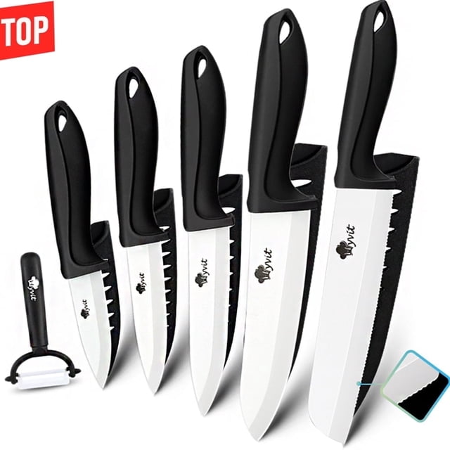 Myvit Ceramic Knives Set for Kitchen, a 6-piece specialty cutlery set with black ergonomic handles and white zirconia blades, including a 6-inch serrated bread knife, 6-inch chef knife, 5-inch utility knife, 4-inch fruit slicer, and 3-inch paring knife, plus a ceramic peeler. Lightweight, rust-proof, and stain-resistant, perfect for precise slicing, dicing, and chopping in meal preparation.