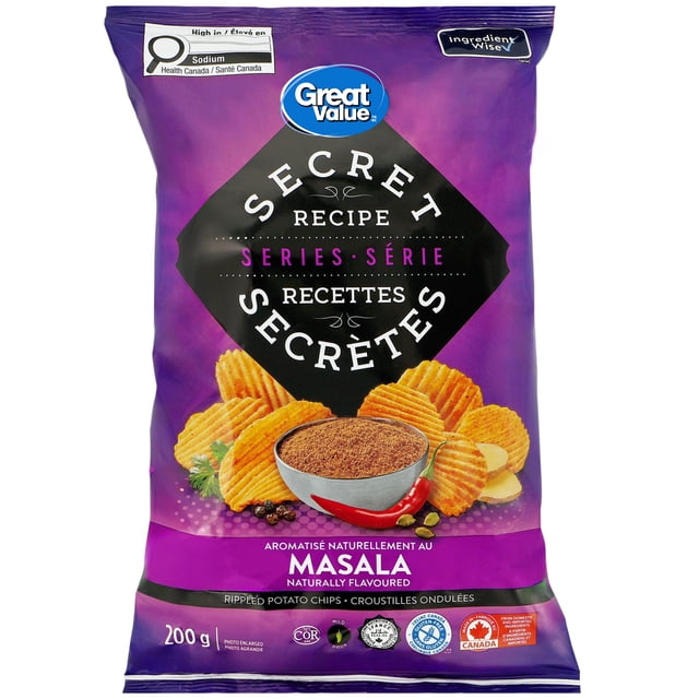 Great Value Secret Recipe Series Croustilles Ondulées de Pommes de Terre à Saveur Naturelle Masala dans un Sac Violet de 200 g avec un logo Diamant Noir, Montrant des Croustilles Ondulées avec un Bol d'Épice Masala et un Piment Rouge, halal, Casher, Sans Gluten et Certifié Ingrédient Wise, Fabriqué au Canada, Idéal pour Accompagner des Trempettes.