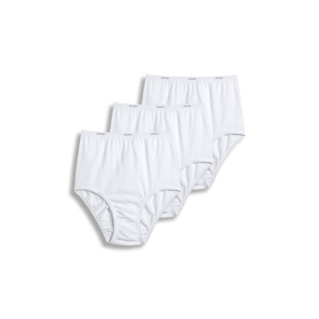 Jockey Women's Plus Size Classic Brief - 3 Pack featuring three white, full-rise briefs made from 100% cotton. These briefs offer full coverage and a soft, comfortable feel, designed to follow the natural curve of the leg for ease of movement. Each brief has a branded elastic waistband and is machine washable. Style 9483.