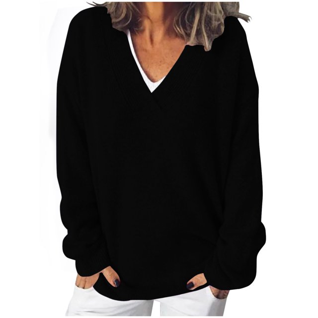 Timegard Womens Sweaters V Neck Long Sleeve Pullover Solid Color Oversized Tops Loose Comfy Blouses