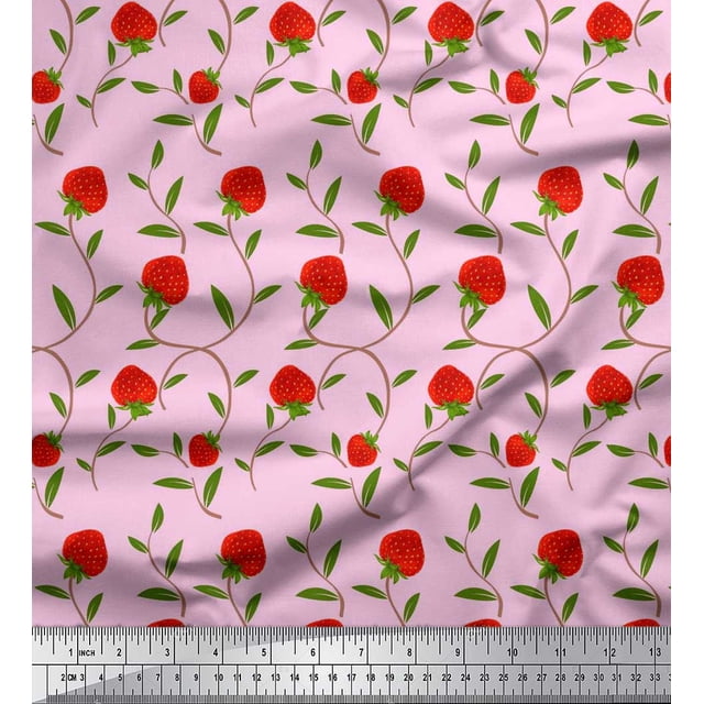 Soimoi Poly Georgette Fabric Leaves & Strawberry Fruits Printed Fabric 1 Yard 42 Inch Wide