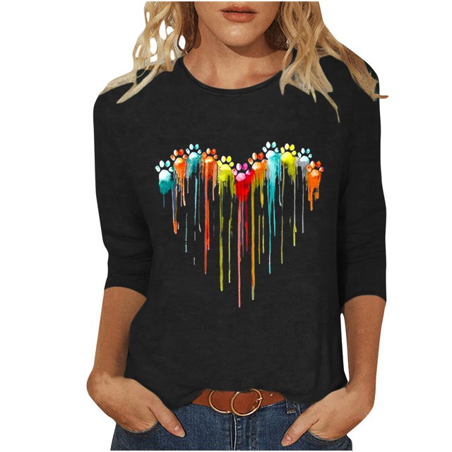 PEZHADA Blouses pour Femmes Manches 3/4 Mode Féminine Manches Trois-Quarts Col Rond Rétro Imprimé Hauts Amples Blouse Manches Trois-Quarts