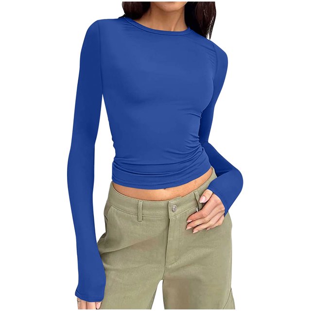 Blouses pour Femmes, Mode Féminine Décontractée Col Rond Couleur Unie T-Shirt à Manches Longues Chandail Hauts