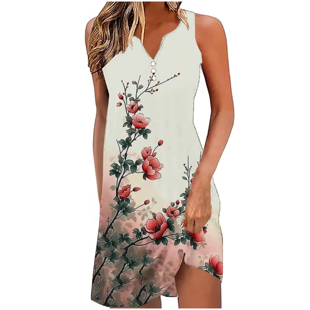 UPPADA Robes d'Été de Plage pour Femmes Vacances Sortie de Plage Robe Midi Boutonnée Sans Manches Bohème à Fleurs Robe d'Été Col en V Coupe Ample Articles à Rabais Multicolore,P