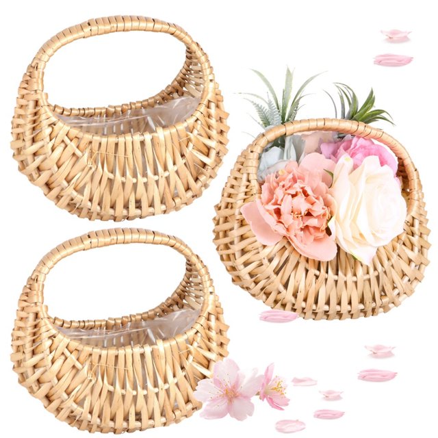 3 Pcs Rattan Flower Baskets in a natural brown color, featuring a half-moon shape with sturdy handles and built-in plastic lining. These small wicker baskets, measuring 7.1×7.1×4.7 inches, are handwoven from durable rattan and suitable for home decor, weddings, or as picnic baskets. One basket is shown filled with flowers, highlighting its decorative potential.