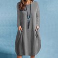 thumbnail image 1 of Robes pour Femmes Mode Décontractée Col Rond Manches Longues Coton Lin Robe Mi-Mollet Poche Robes Unies Combinaison Robe en Liquidation, 1 of 8