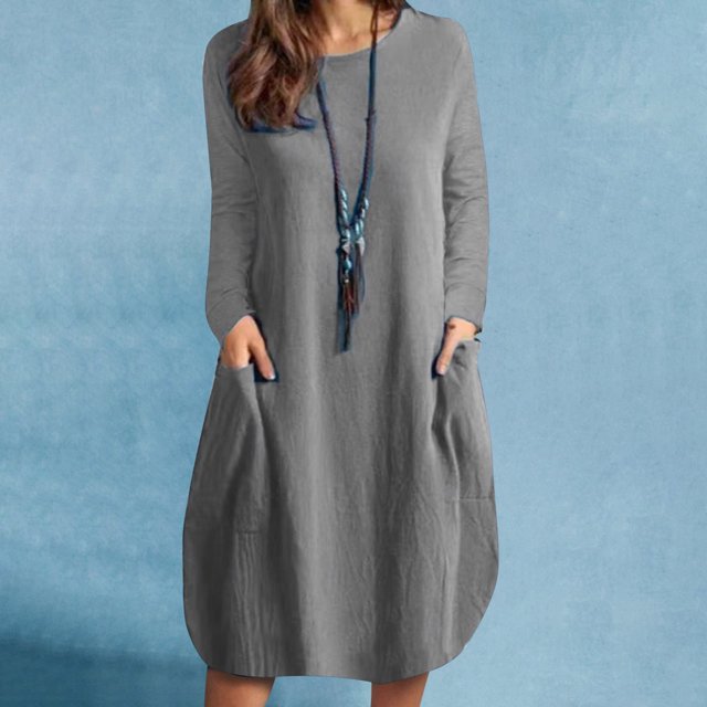 Robes pour Femmes Mode Décontractée Col Rond Manches Longues Coton Lin Robe Mi-Mollet Poche Robes Unies Combinaison Robe en Liquidation