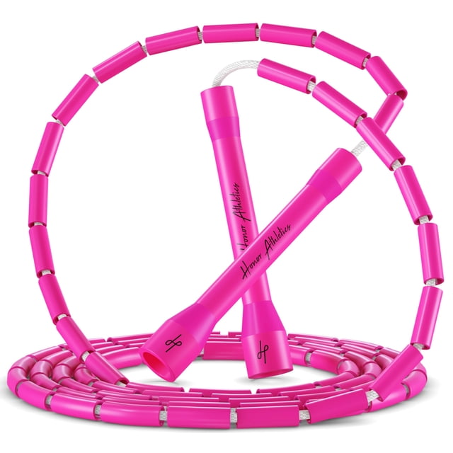 Honor Athletics 2.0 Beaded Jump Rope with adjustable length, unbreakable handles, and shatterproof PinkVibe neon beads. A premium aerobic fitness accessory featuring durable 5-inch polymer handles and superior 3.8mm inner rope thickness for lasting performance. Suitable for users up to 6'4" tall and ideal for compact storage during travel.