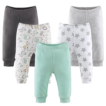Baby Pants 5 Pack Set for Boys or Girls to 24 Month Sizes Black, Grey, Light Green, Safari, Stars