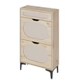 thumbnail image 3 of Slim Rattan Shoe Cabinet - 2 Turn Drawers, 1 Pull-Out Drawer, Adjustable Shelf - Freestanding Entryway Shoe Storage Organizer - Heavy Duty Metal Legs - Space-Saving Hallway Rack - Wood Color, 3 of 8