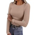 thumbnail image 1 of WEIYLL Womens Long Sleeve Stretch Crewneck Ribbed T Shirt Fitted Solid Color Casual Basic Tops Khaki, 1 of 4