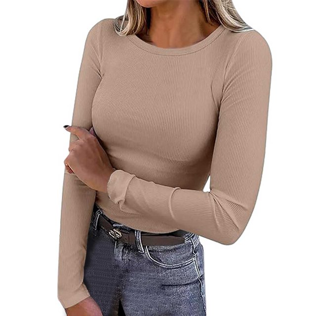 WEIYLL Womens Long Sleeve Stretch Crewneck Ribbed T Shirt Fitted Solid Color Casual Basic Tops Khaki