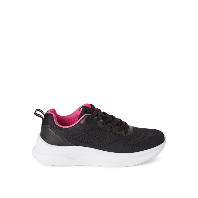 Athletic Works Women's Sneakers in black with pink interior lining, featuring a textile and synthetic upper, round toe, lace-up closure, thick white non-marking synthetic sole, and pull loop at the heel, shown in side profile on a white background, suitable for running errands or walking.