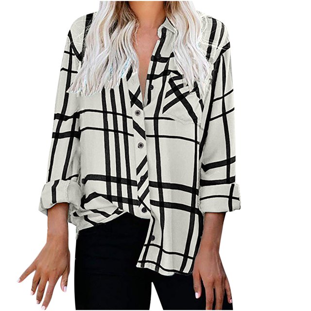 IROINID Hauts pour Femmes Grande Taille Réduits, Haut de Détente à Col à Revers, Ample, Boutonné, Manches Longues, Blouse à Imprimé Carreaux, Blanc