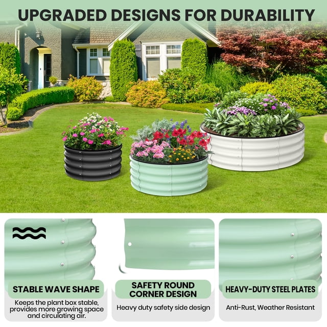 Kojooin Round Galvanized Raised Garden Bed - 2FT/3FT/4FT Sizes - Outdoor Flower & Vegetable Bed - Heavy - Duty & Open - Bottom Design