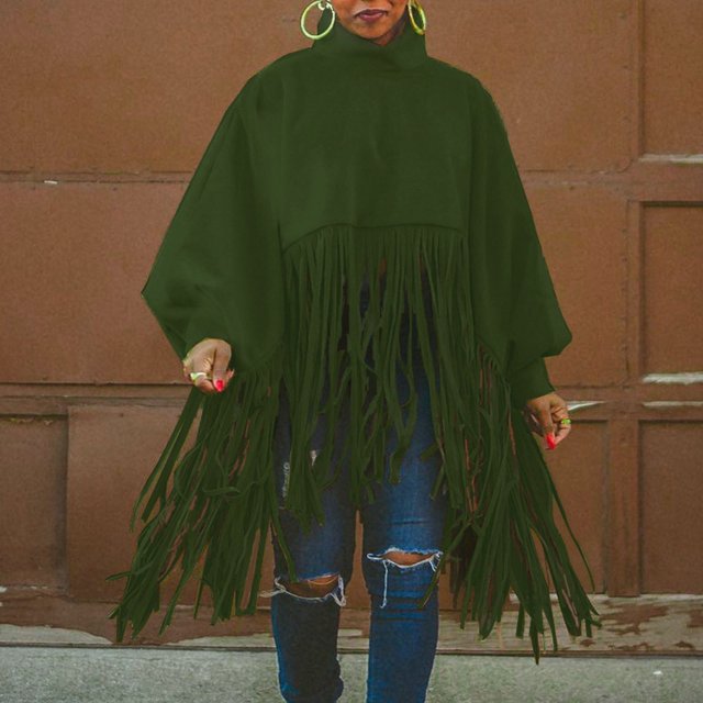 Woman's Long Sleeve Fashion Solid Color High Neck Lantern Sleeve Tassel Design Tops