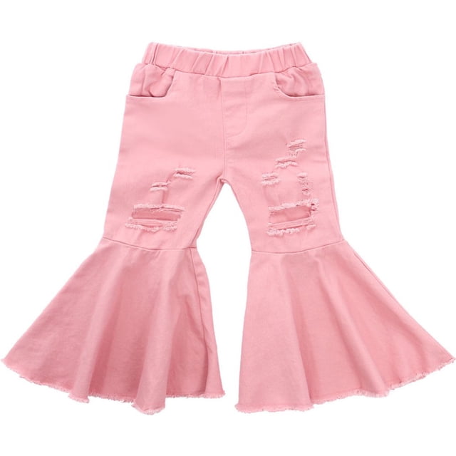 Kids Girls Pants Ripped Flare Pants Elastic Waist Hollow Out Trousers