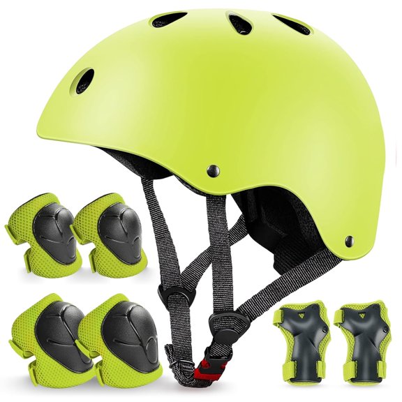 GRM Casque de Vélo pour Enfants et Ensemble d'Équipement de Protection - Âges 3-10 Garçons Filles - Planche à Roulettes Cyclisme Trottinette Patin à Roues Alignées - Vert