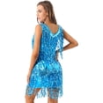 thumbnail image 4 of Moggemol Robe Courte à Paillettes Brillantes pour Femmes avec Franges en Similicuir, Col en V, Sans Manches, Tenue de Danse Samba, Bleu Ciel, TG, 4 of 6