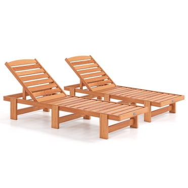 Costway 2 PCS Patio Chaise Lounge Chair Solid Wood Outdoor Recliner with Adjustable Backrest