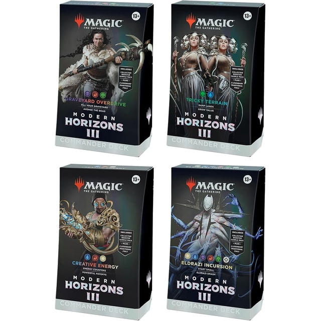 Magic: The Gathering Modern Horizons 3 Commander Deck Bundle featuring all 4 decks: Graveyard Overdrive, Tricky Terrain, Creative Energy, and Eldrazi Incursion. Each deck box is displayed with unique artwork and includes 100 Magic cards, 2 Traditional Foil Legendary cards, a Collector Booster Sample Pack, a foil-etched Display Commander, 10 double-sided tokens, a deck box, a Life Wheel, a strategy insert, and a reference card. The packaging highlights the deck themes and contents, suitable for players aged 13 and up.