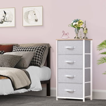 DEXTRUS Commode en Tissu Gris Pâle à 4 Tiroirs avec Cadre en Acier Robuste et Bacs en Tissu Amovibles, Organisateur de Rangement pour Chambre à Coucher pour Table de Chevet, Couloir, Garde-Robe