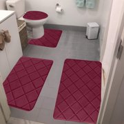 Foam Bath Mat 4 Set, Xinsrenus Soft Velvet Fleece Bathroom Rugs 4 Pcs, Non-Slip Thick Water Absorbent Machine Washable Toilet Mats for Bathroom Floor Tub Shower, Red