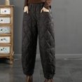 thumbnail image 2 of Womens Retro Literary Solid Color Down Pants With  Checkered Line And Disc Buckle Windproof Warm Casual Pants, 2 of 5