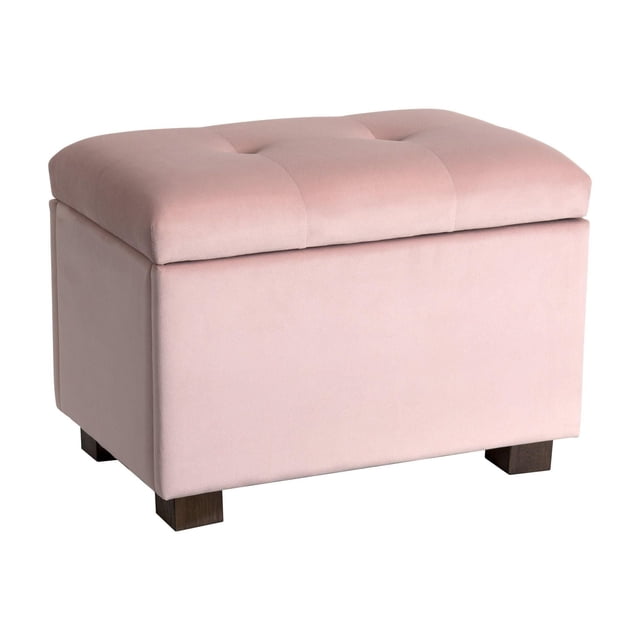 CorLiving Asha Small Velvet Tufted Upholstered Rectangular Indoor Ottoman with Storage in pink velvet, featuring a tufted cushioned top and solid dark wood legs, suitable for compact spaces with hidden storage for blankets or books.
