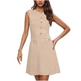 thumbnail image 2 of Ovzne Robes pour Femmes Robe de Plage Femmes Couleur Unie Col Rond Sans Manches Décorer Bouton Se Cultiver Robe de Travail Robe de Vacances Liquidation, 2 of 7