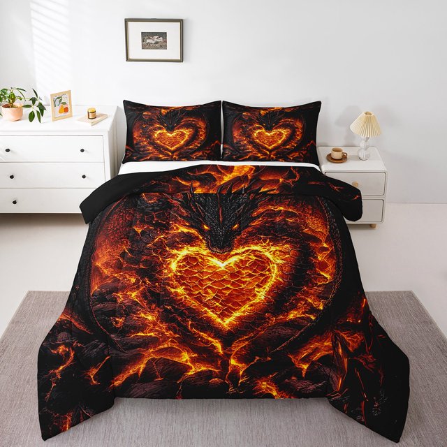 Erosebridal Ensembles de Literie Faune Magique Simple avec Couette, Insert de Couette Hippie Dragon, Orange Noir, Réversible