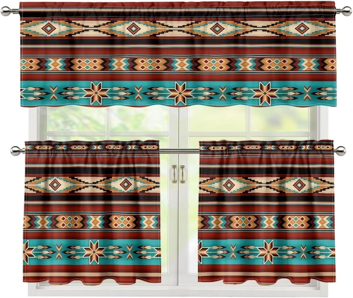 Aztec Tribal Kitchen Curtain Valance Set 3PCS Window Curtain Tiers and Valance Set Farmhouse Vintage Kitchen Tiers and Valance Set