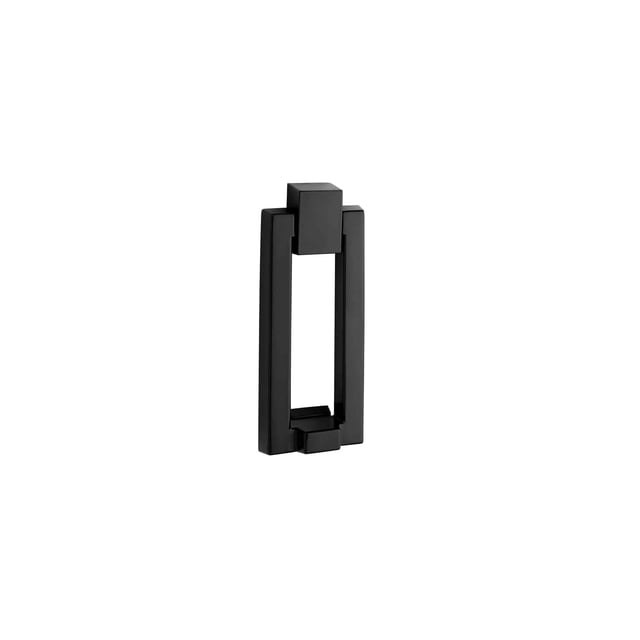 Taymor Modern Style Door Knocker for front doors, shown in a black matte finish. This decorative entry hardware features a rectangular design with a concealed screw mount for a sleek appearance. Made from durable metal, it is weather-resistant and includes a strike plate, mounting screws, and an installation template. Dimensions are 2-1/4” W x 5-1/2” H x 3/4” D (57 mm W x 140 mm H x 20 mm D).