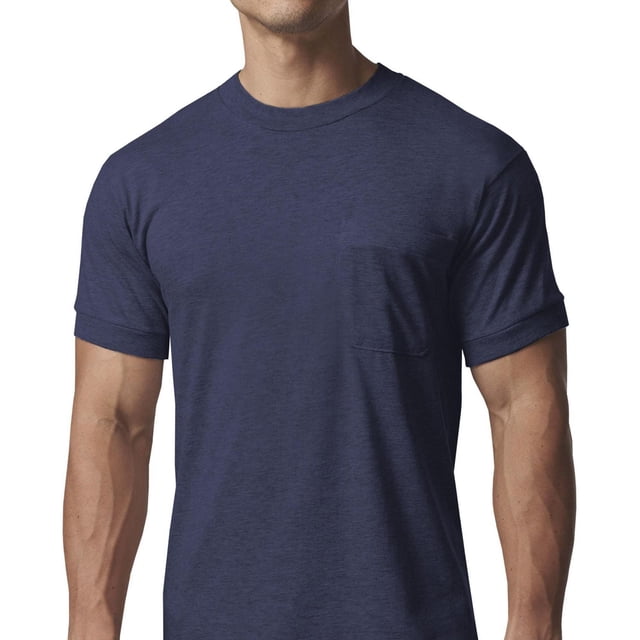 Stanfield's Men's Premium Pocket Work T-Shirt 50% cotton/50% polyester jersey with DryFX moisture-management and antimicrobial finish, large left chest pocket, rib-knit cuffs, seamless neckband and taped shoulders. Made in Canada; ideal as a workwear layer with moisture-wicking performance.