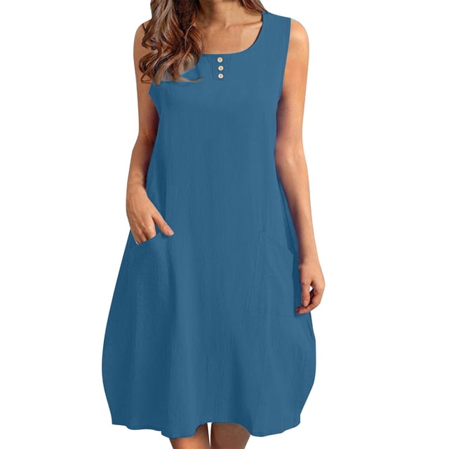 yoeyez Robes d'Été pour Femmes 2025 Tendance Coton Lin Grande Taille Robes Maxi Sans Manches Col Rond Robe Unie Bleu,m