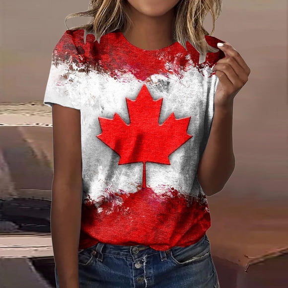 T-shirt pour Femmes de la Fête du Canada à Manches Courtes, Col Rond, Feuille d'Érable Canadienne, T-Shirts Patriotiques, T-Shirt Graphique pour Femmes