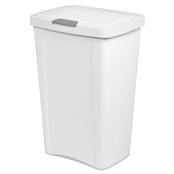 Sterilite Poubelle TouchTop de 49 L, grande poubelle de cuisine avec couvercle à fermeture à loquet, ouverture facile par pression, blanc