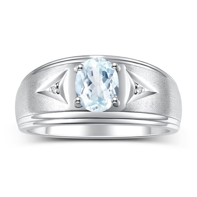 RYLOS Men's Rings Sterling Silver Classic 8X6MM Oval Gemstone & Diamond Ring Aquamarine March Birthstone Rings For Man Silver Rings Size 9