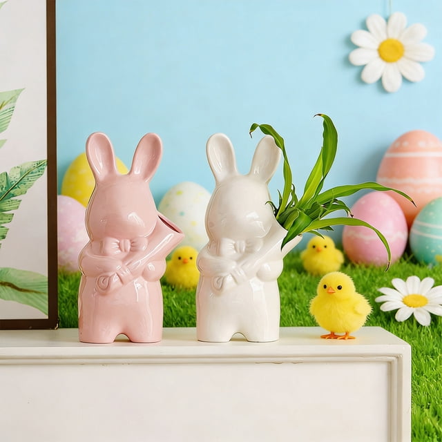Uscallm 2Pcs Easter Bunny Ceramic Vase Handheld Floral Arrangement Home Decor Spring Table Centerpiece Animal Art Sculpture Gift