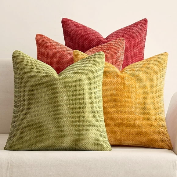 Lomyolo Ensemble de 4 Housses d'Oreiller en Chenille - 18x18 Pouces Déco de Ferme Douce pour Canapé, Sofa, Chambre Coussins Boho d'Accent de Ferme Printemps Été