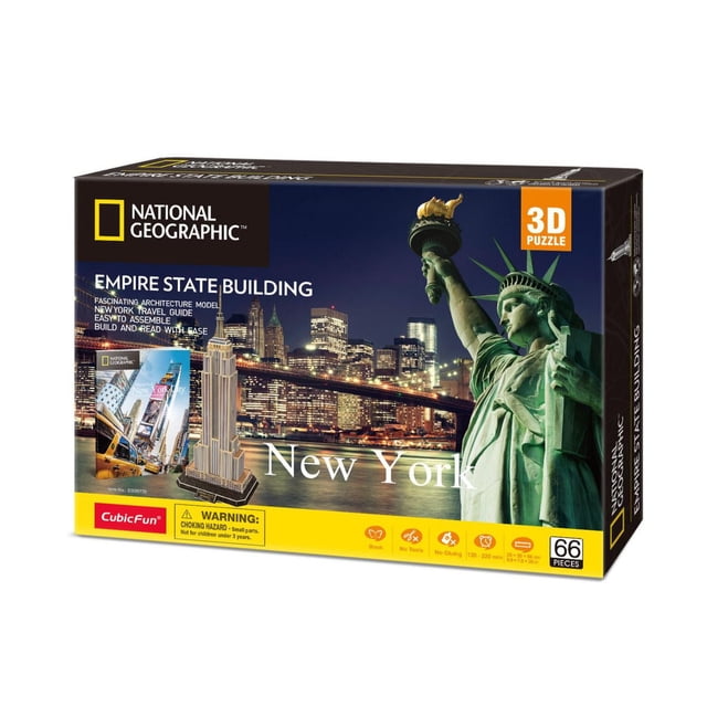 National Geographic Casse-Tête 3D Empire State Building Présentant un Modèle Détaillé de 66 Pcs du Gratte-Ciel Emblématique de New York avec une Toile de Fond de Paysage Urbain Nocturne Incluant le Pont de Brooklyn et la Statue de la Liberté, Idéal pour un Assemblage Éducatif et Récréatif.