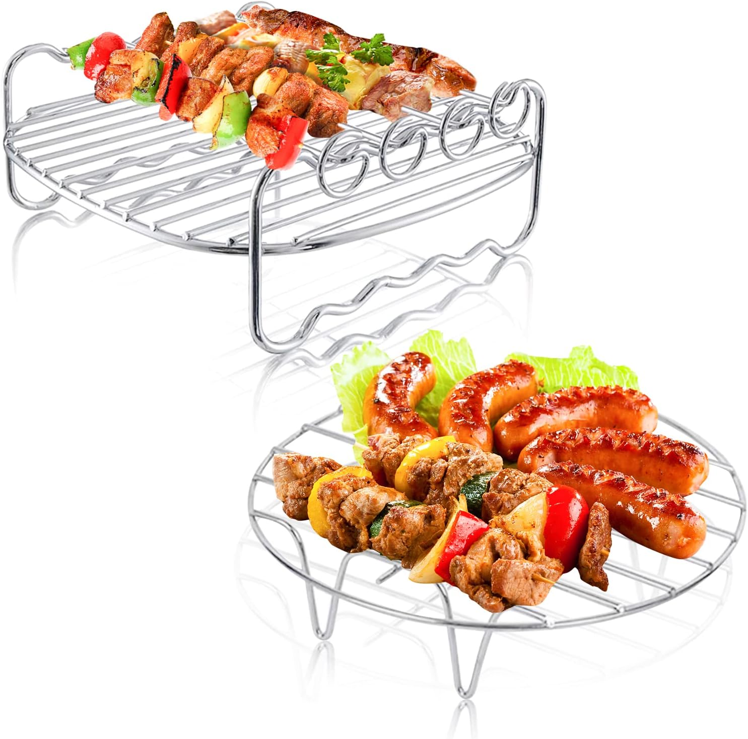 2 Pcs Air Fryer Accessories, 7 Inch Multi-Function Double Layer Rack with Skewer, Air Fryer Racks with 4 Barbecue Sticks for All Brands of Air Fryer