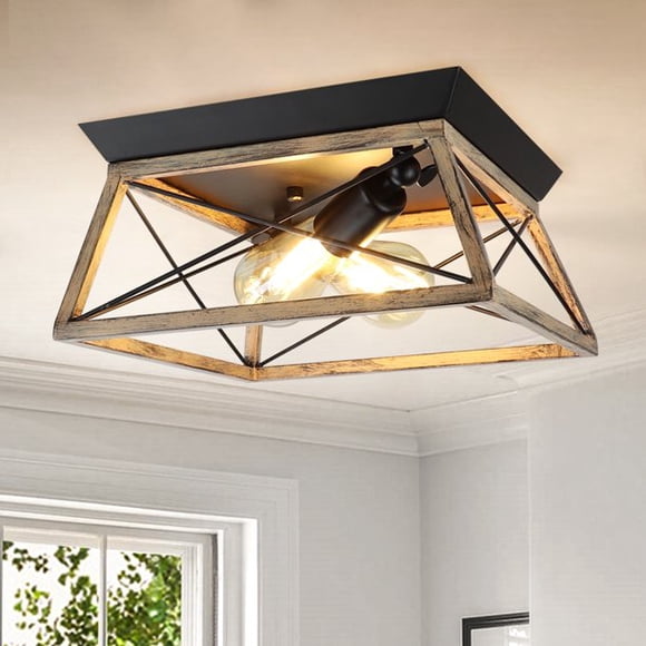 Depuley Farmhouse Ceiling Light, Retro Industrial Flush Mount Ceiling Light with Imitation Wood Pink Shade, 2-Light Rectangle Ceiling Lamp for Kitchen, Living Room, Hallway, Bedroom, E26, Black