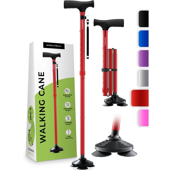 HONEYBULL Walking Cane for Men & Women - Foldable, Adjustable, Collapsible, Free Standing Cane, Pivot Tip, Heavy Duty, with Travel Bag Walking Sticks, Folding Canes for Seniors & Adults [Re
