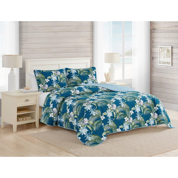 Tommy Bahama - Queen Quilt Set, Reversible Cotton Bedding with Matching Shams, Breathable Bedding Set for All Seasons (Southern Breeze Dark Blue, Queen)