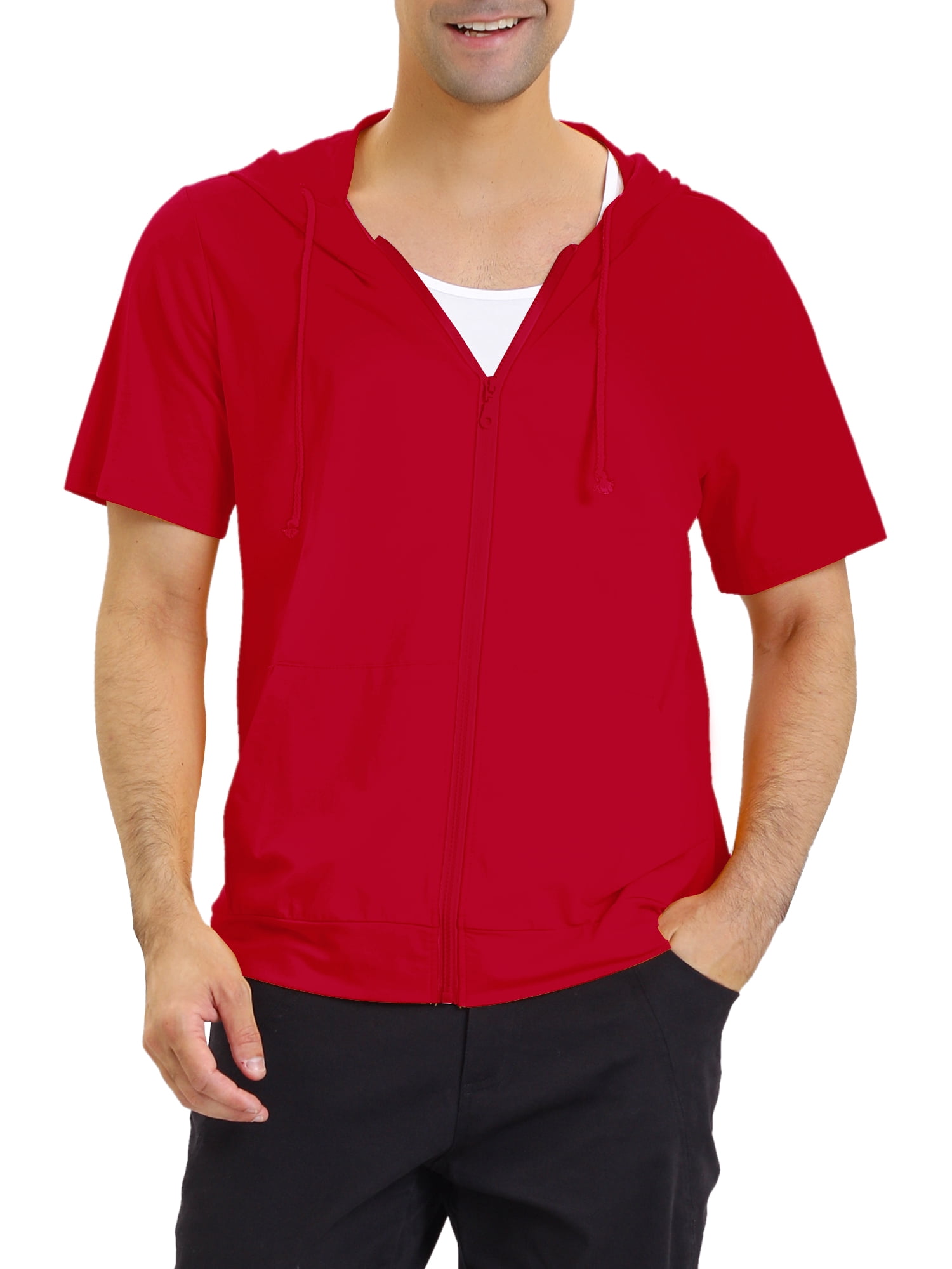 INSPIRE CHIC Men's Hoodies Solid Color Zip up Short Sleeve Jacket