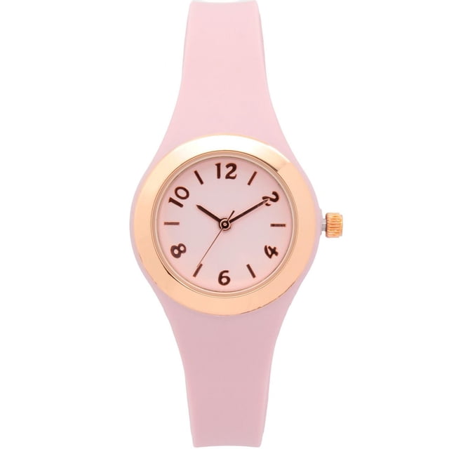 George Ladies Blush Strap Watch with a front-facing 30mm round metal case and blush silicone strap. The blush dial features black Arabic numerals, rose gold-tone bezel, quartz movement, and stainless steel case back, suitable for everyday analog wear.